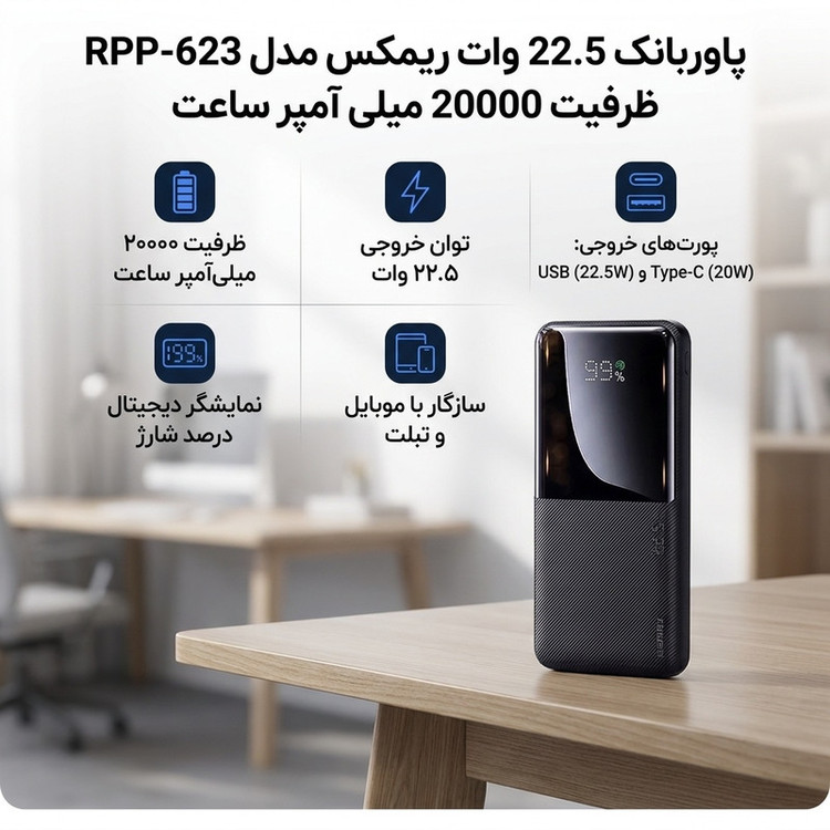پاوربانک 22.5 وات ریمکس مدل RPP-623 ظرفیت 20000 میلی آمپر ساعت