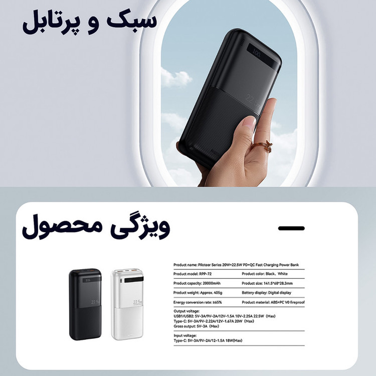 پاوربانک 22.5 وات ریمکس مدل RPP-72 ظرفیت 20000 میلی آمپر ساعت